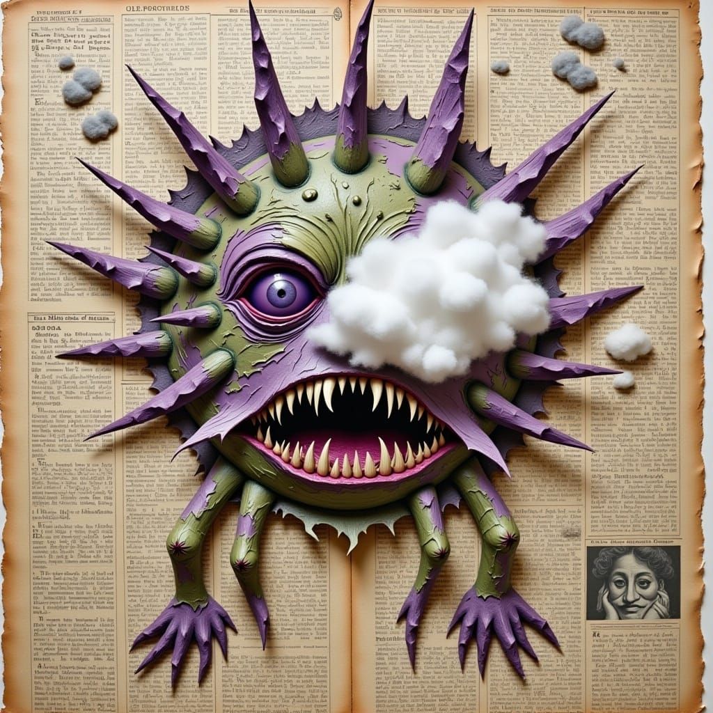 <lora:Mixed Media blending:1.0>An illustration of a creepy and horrifying creature with fangs and thorns is made entirely of blended vintage...