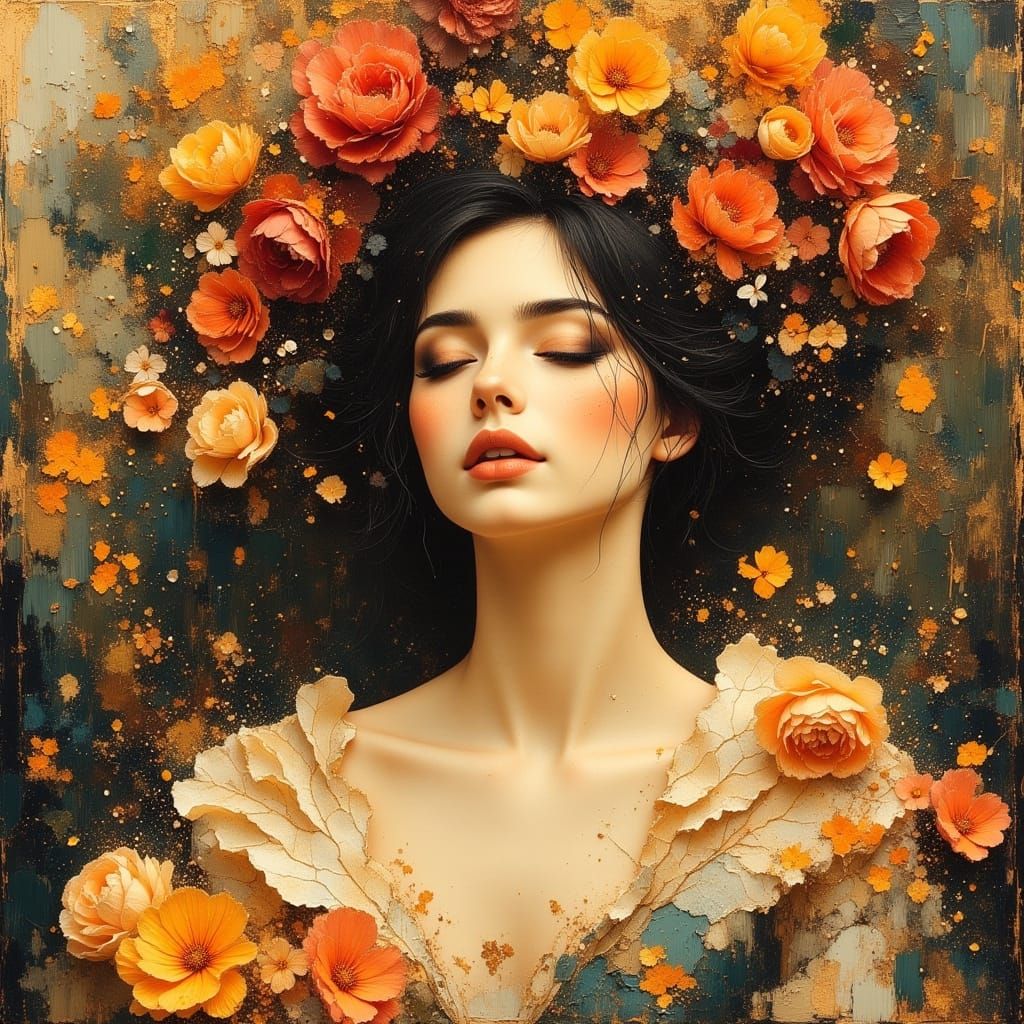 <lora:MJ6 Dark Oil Paint:1.0> <lora:divineOil:1.0> <lora:BeautyStrokesV2:1.0> A beautiful women close up with lovely flowers surrounding her...