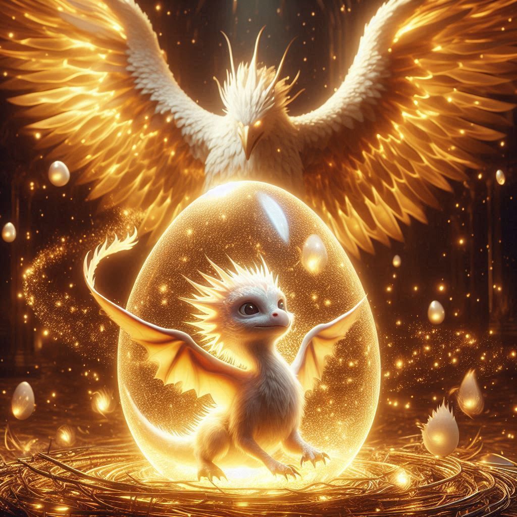 Baby dragon guarded by a phoenix