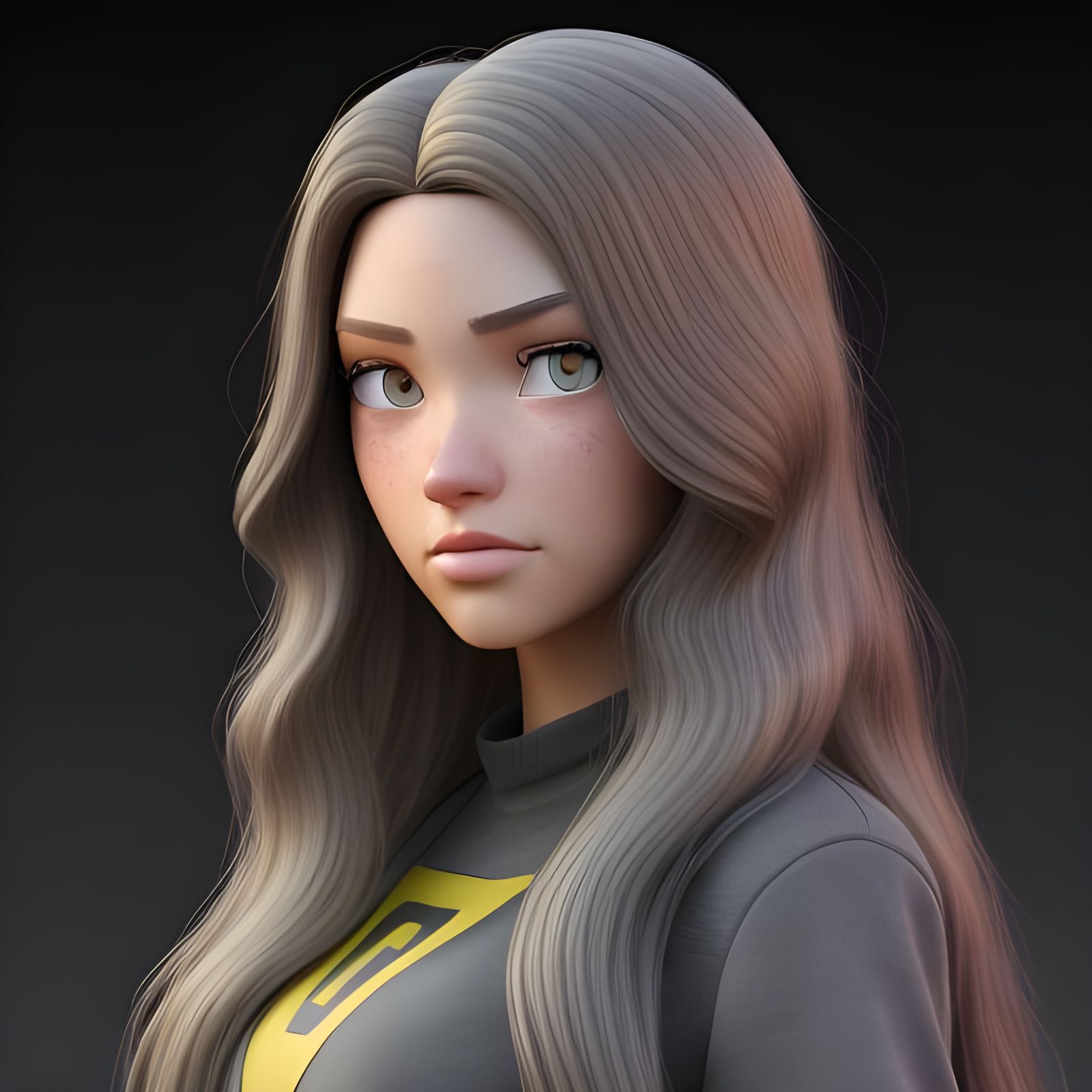 Pixar style teenaged girl with long, wavy dark blonde hair, grey eyes ...