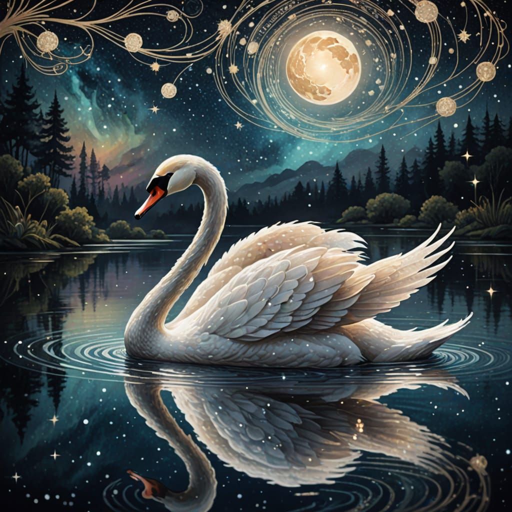 Art Nouveau. A graceful swan gliding on a lake of liquid starlight, its feathers shimmering with cosmic ...  by @Moonflowerrose