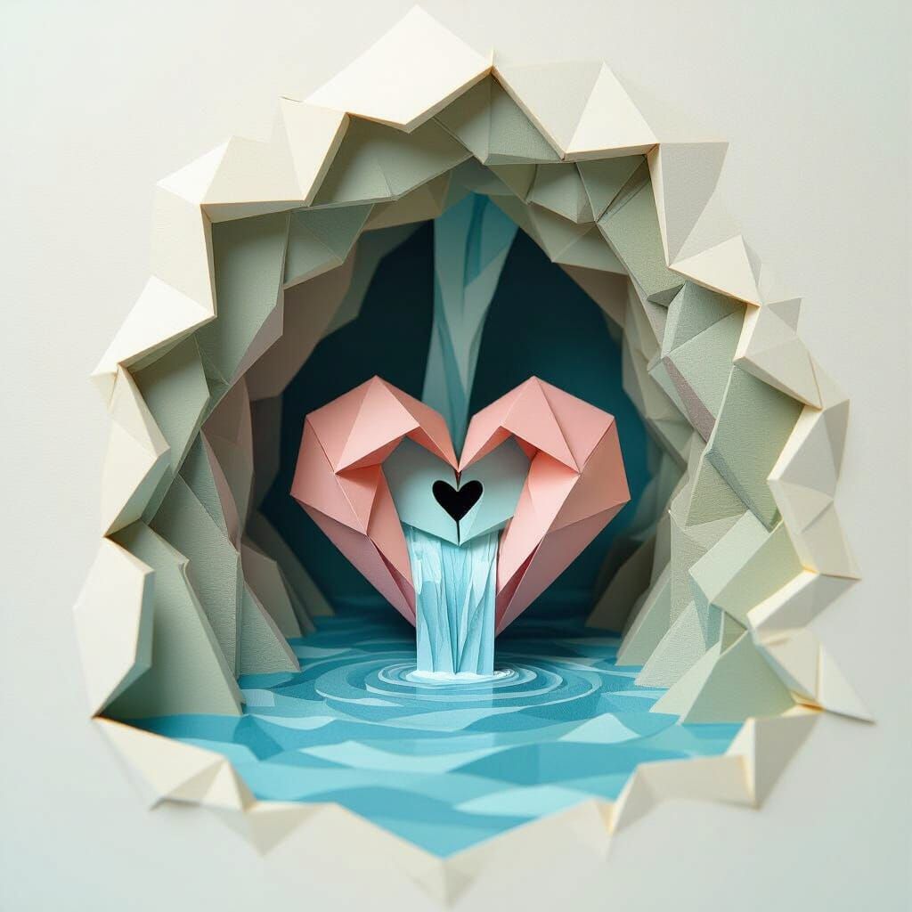 River Flows Into Heart: Origami Papercraft Style