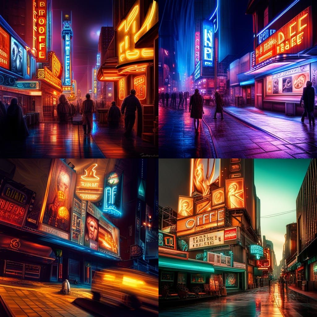Friends at a coffee shop ; neon Pluto billboard ; in blade r...