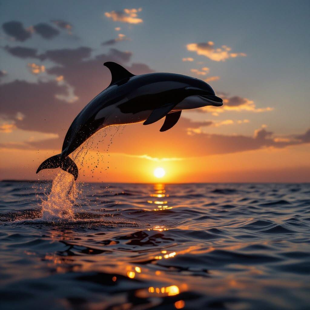Dolphin Leaping from Ocean at Sunset with Waves