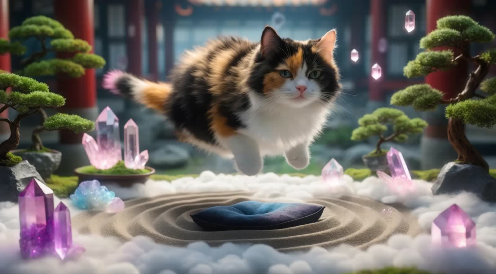 A fluffy calico cat is meditating serenely in a zen garden filled with glowing crystals and miniature bonsai trees. The ...