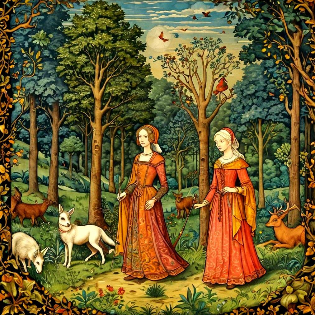 Medieval Manuscript Illustration: Ladies in Forest