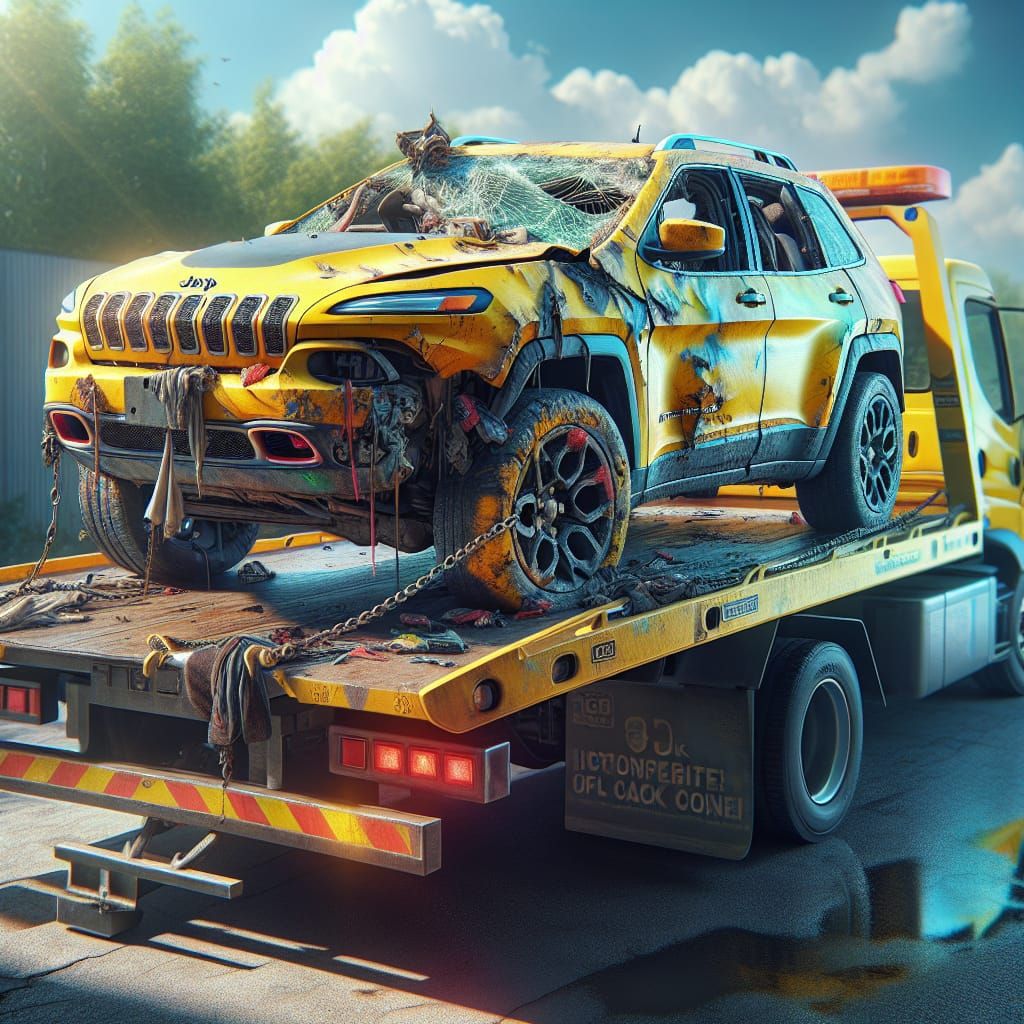 Wrecked yellow 2014 jeep Cherokee Trailhawk