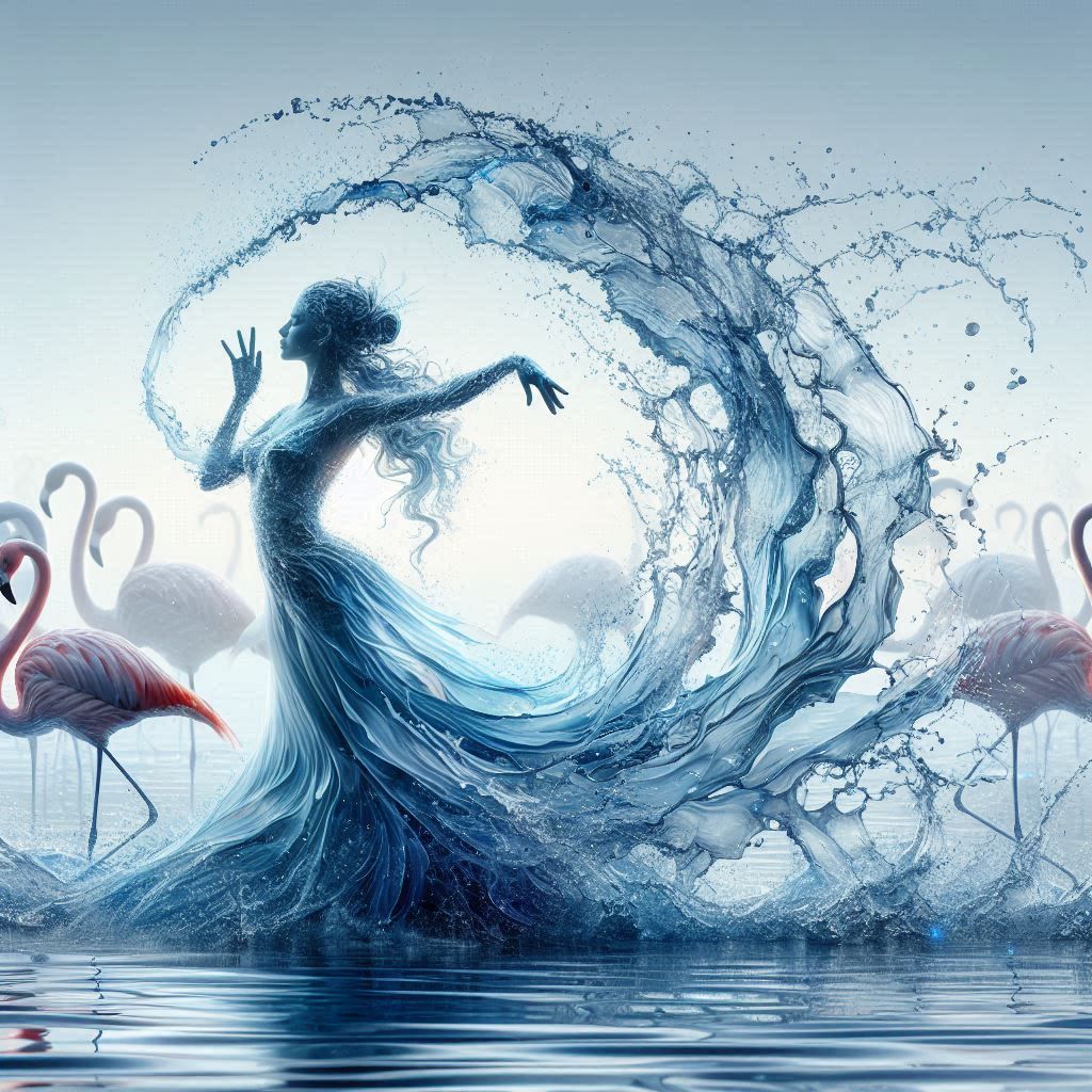 A flamenco dancer among flamingos