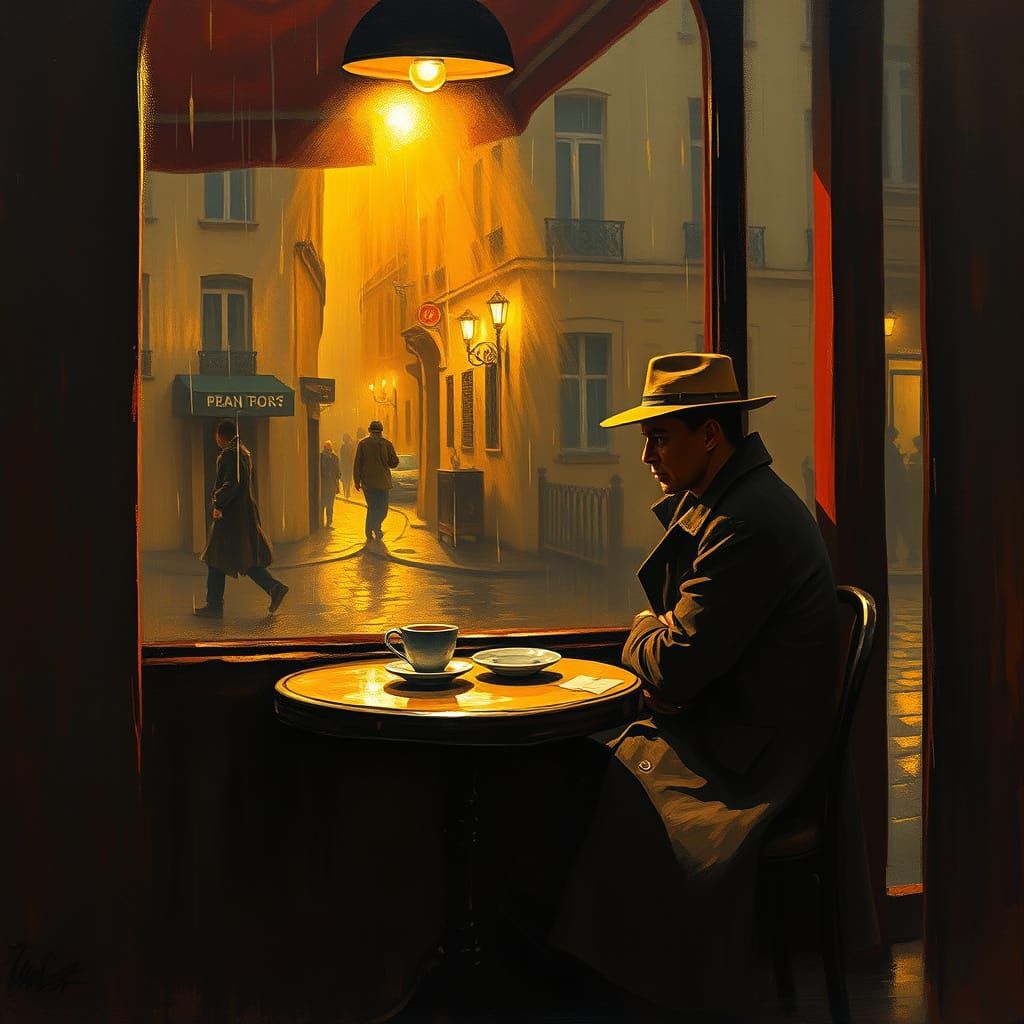 A lone figure sits at a table in a dimly lit Parisian cafe, lost in thought as they sip their coffee. ...  by @carlux