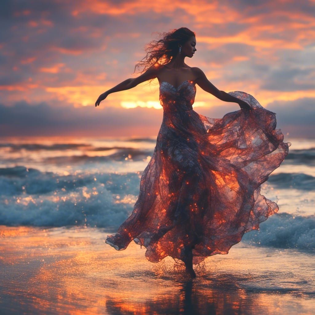 <lora:MJ6-1 DoubleExposure:1.0> A beautiful woman dancing gracefully on the beach, her flowing dress illuminated by the setting sun. 3D ren...
