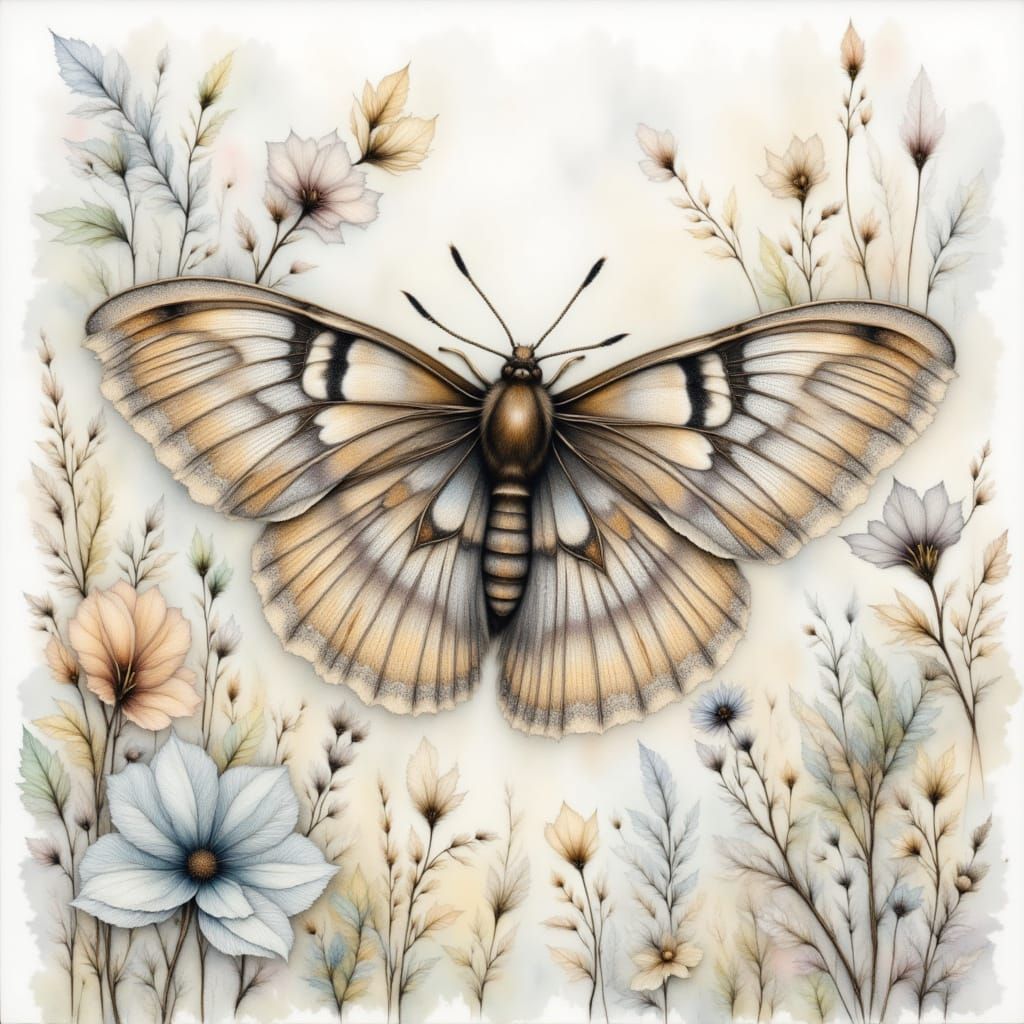 <lora:Animal Intensity:1.0> Watercolor drawing of a hawk moth in nature, full body, lace texture, misty hazy atmosphere, lace texture mergin...