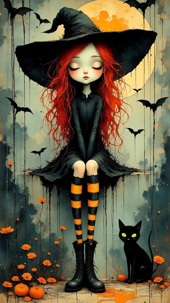 a crooked whimsical skinny crooked little witch in a colorful tim burton style, with flaming red long straggly hair with black and orange st...