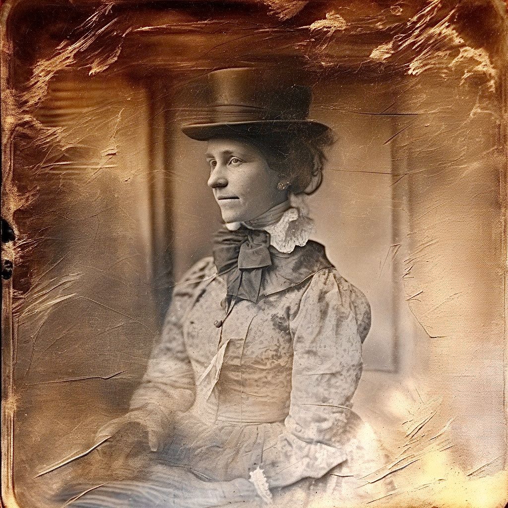 Faded daguerreotype of a woman wearing a top hat.