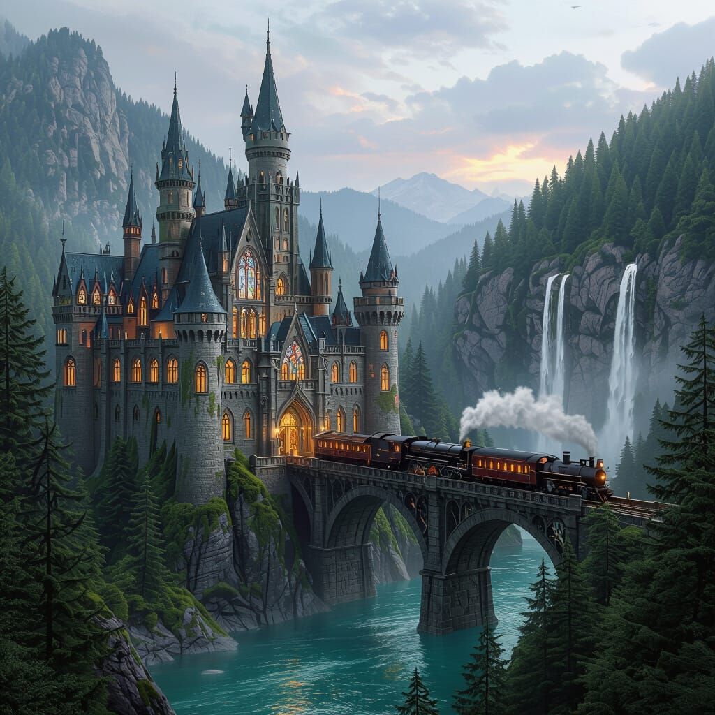 A grand gothic-fantasy castle perched on a rocky slope, surrounded by dense evergreen forests, with multi-tiered waterfalls cascading from a...