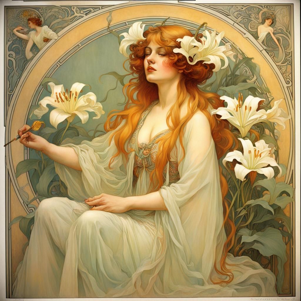 alfonso mucha painting lily flower turning into a beautiful woman - AI ...