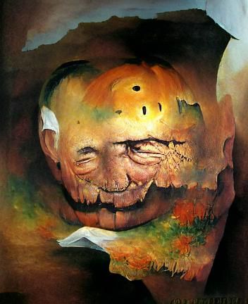 Rotting Pumpkin Head face smiling with a wide grin and tiny ...