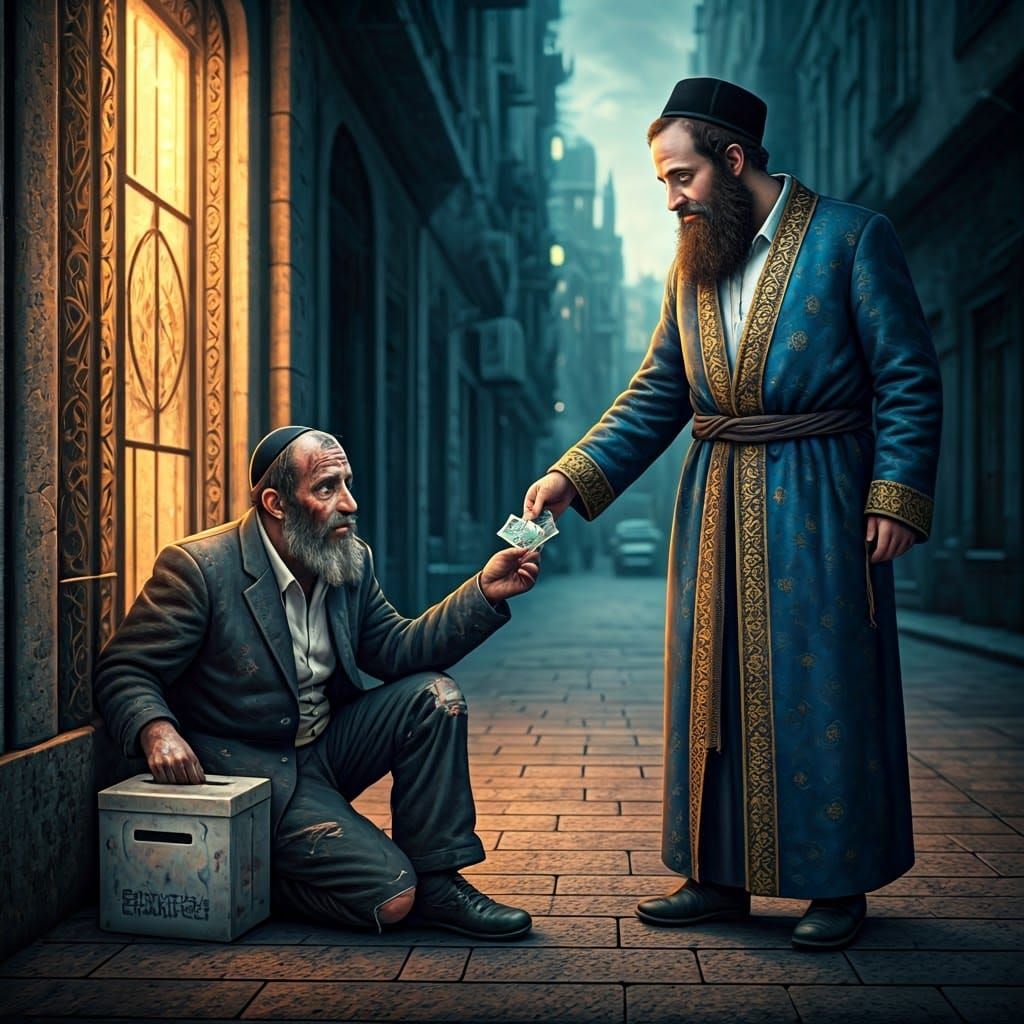 Charity Amidst Cityscape Grandeur: A Digital Painting