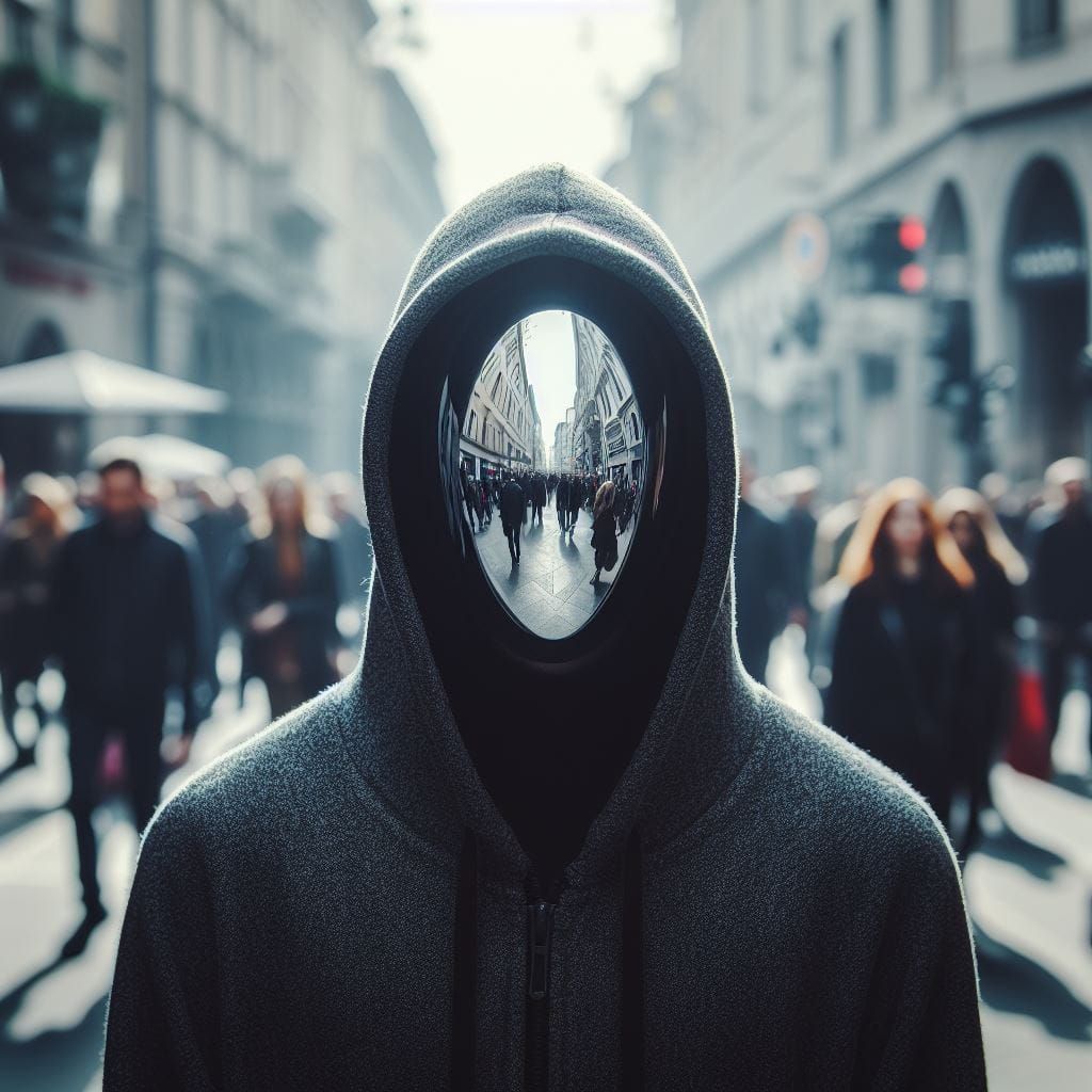 a ghostly man, wearing a hoodie, mirror covering his entire face, walking in a crowded street, facing viewer, street vie...