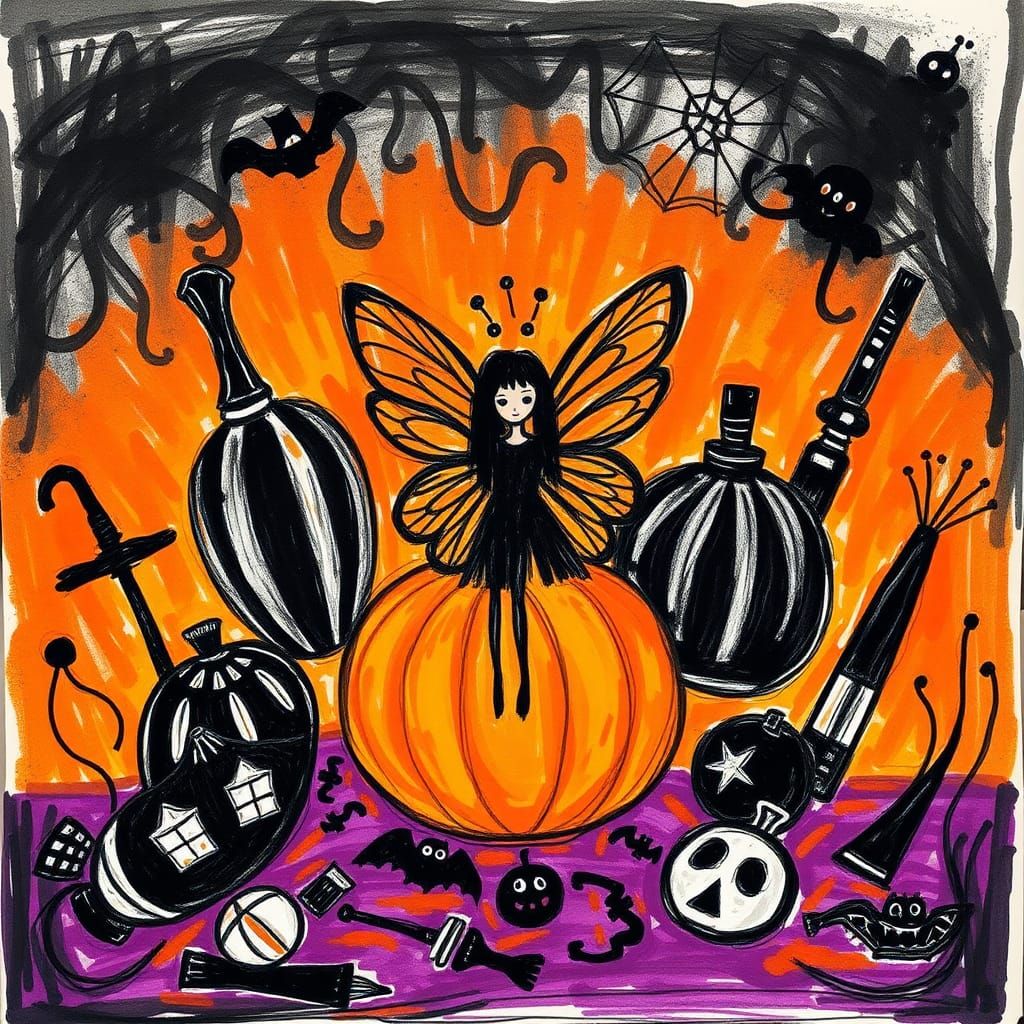 Kids Crayon drawings ,surreal child's Halloween  drawing , r...