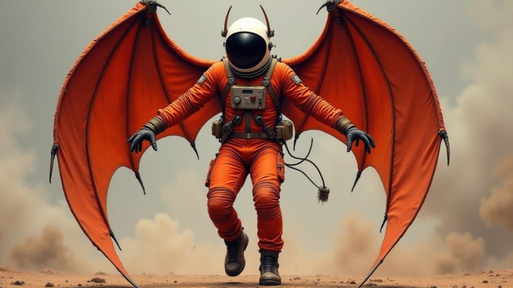 <lora:Caffeine Spacemen:1.0> devil, wings spread wide, burnt orange Spacesuit