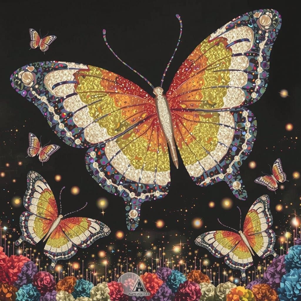 Magical Black Night Sky with Glittering Butterflies in Fauvi...