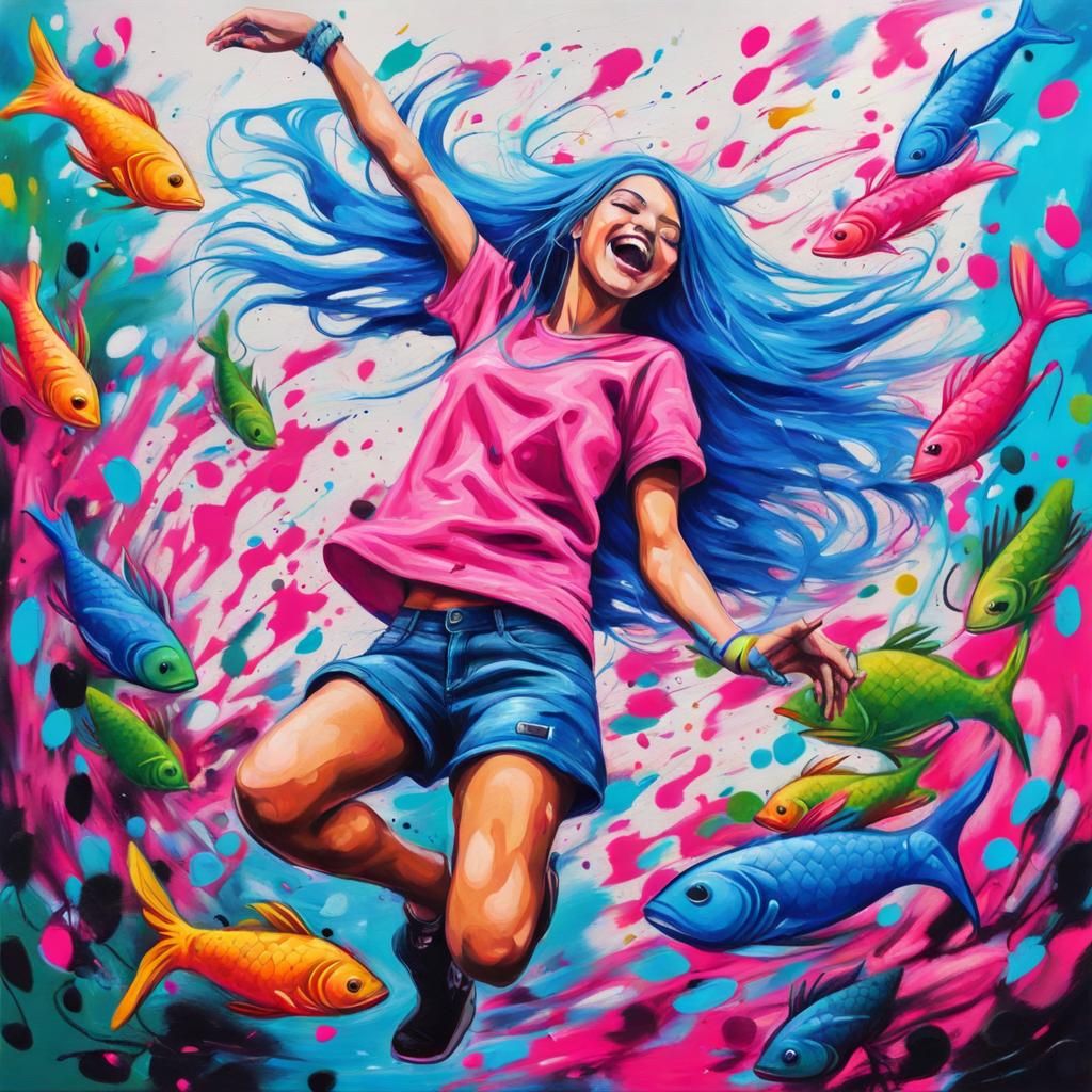 A pink girl with long blue hair dances happily The backgroun...