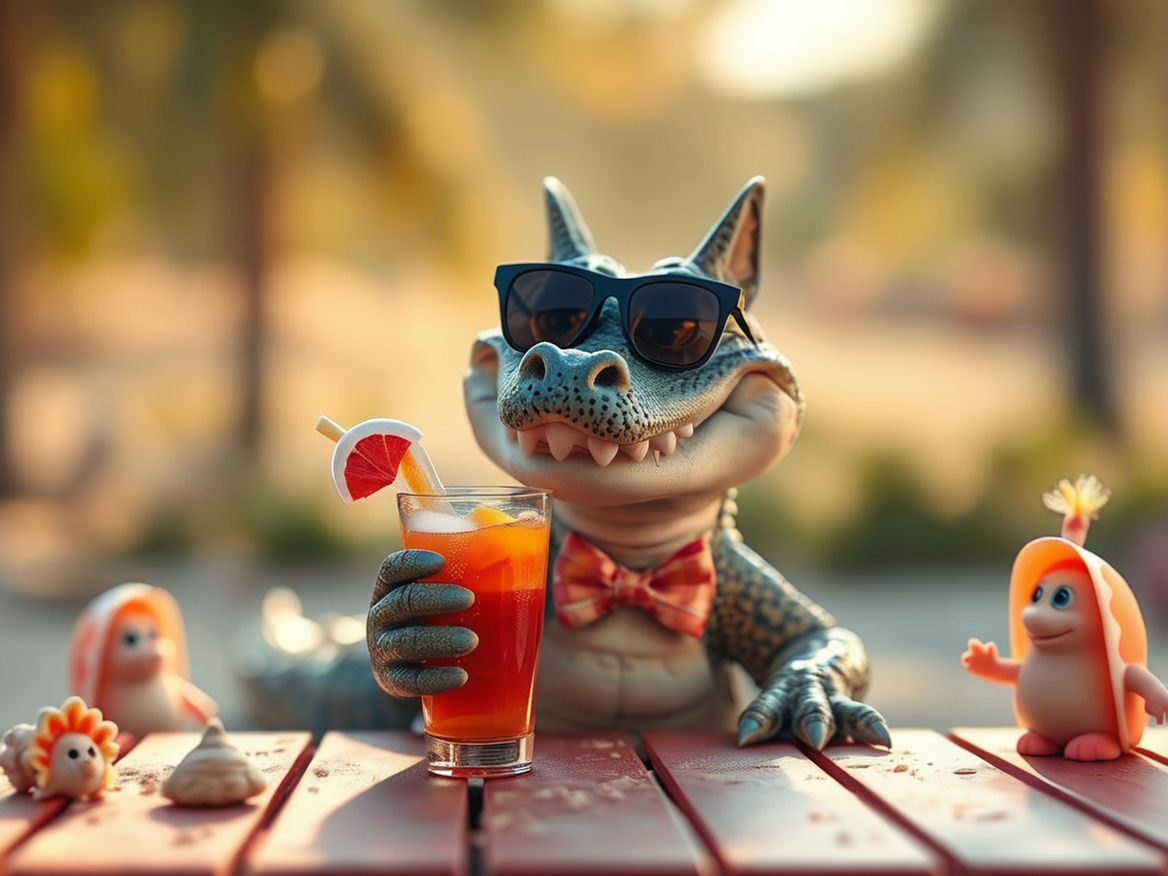 Alligator-Cat sipping fruit juice 13