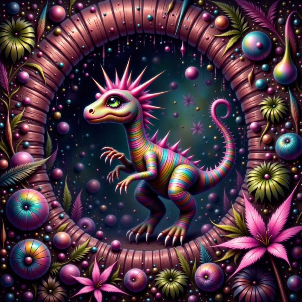 A dinosaur stepping through a shimmering portal, surrounded by lush prehistoric foliage, in a vibrant, fantastical style reminiscent of Simo...