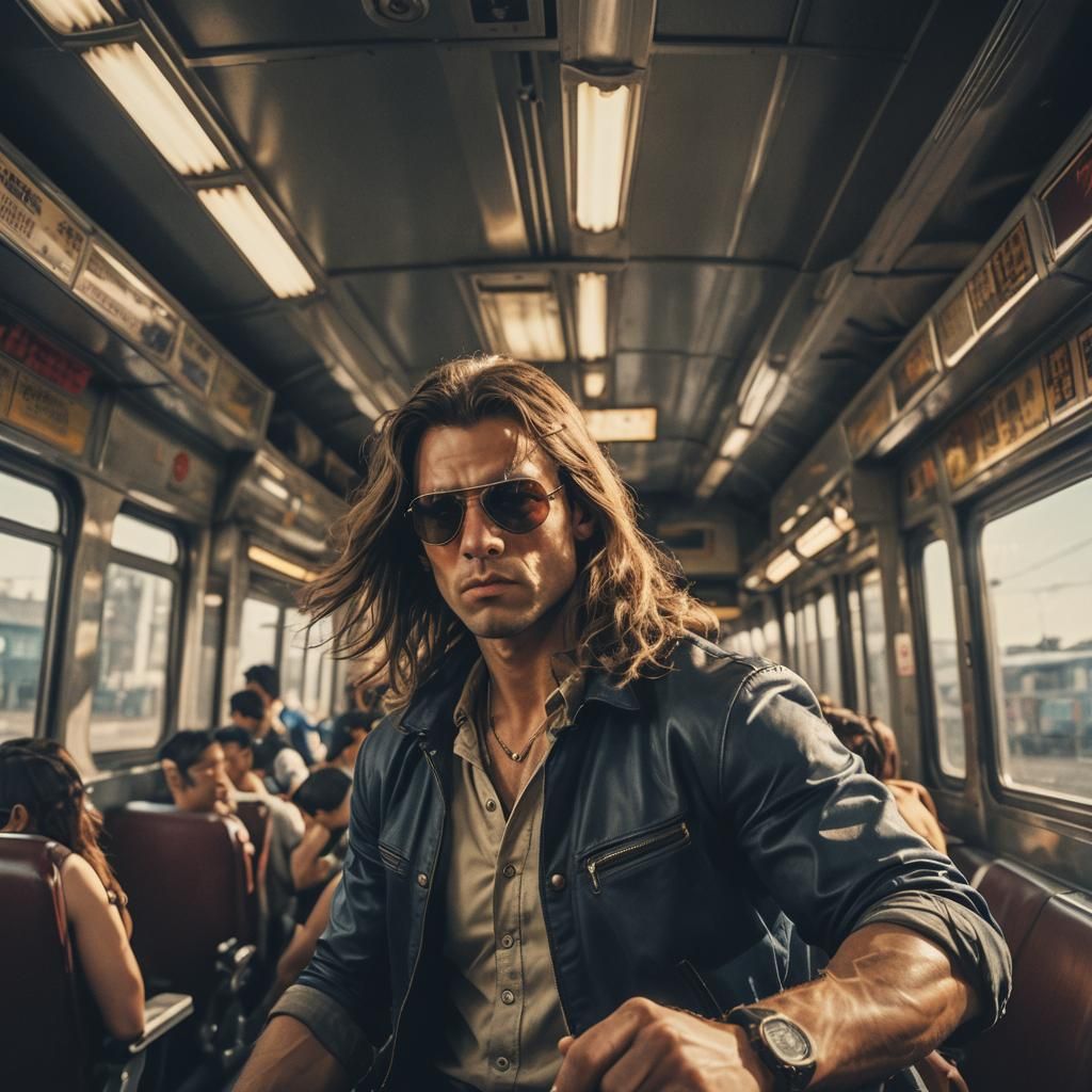 a young male, long hair, no beard, sunglasses, street fighte...