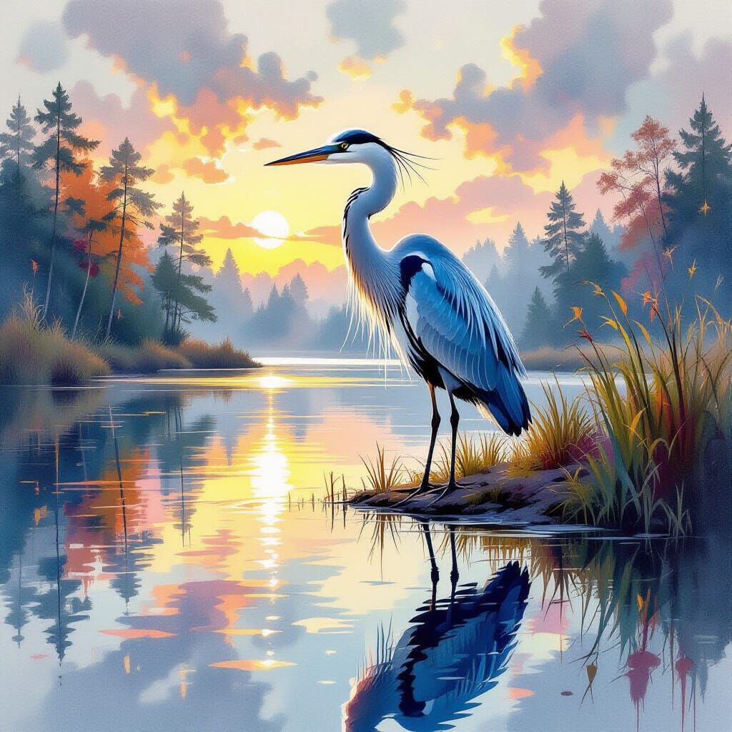 A watercolor drawing of a heron near a dreamy lake, beautifully reflected in its natural environment. ...  by @Bushra