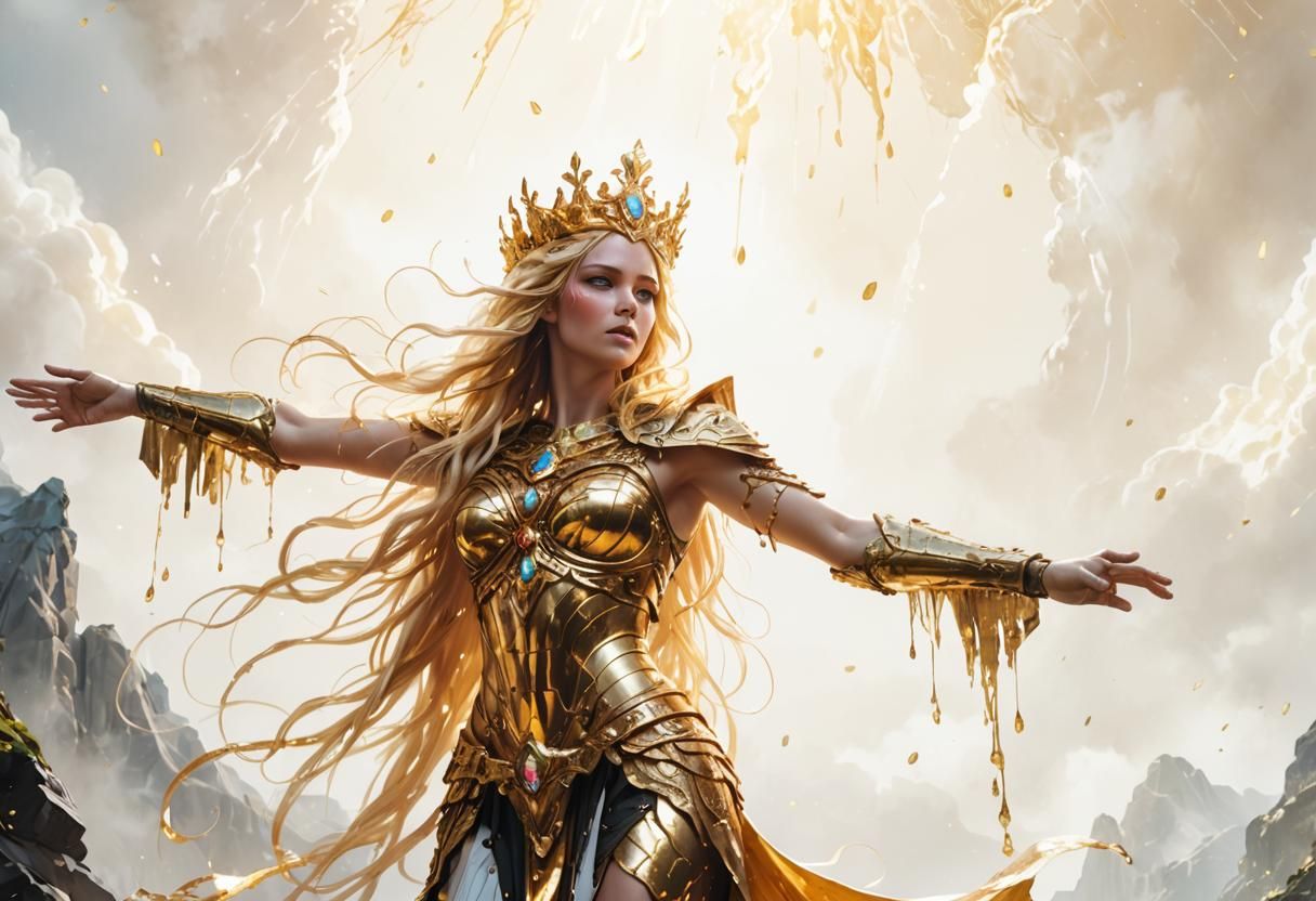 Beautiful goddess has dripping gold hair detailed matte painting, deep color, fantastical, intricate detail, splash screen, complementary co...