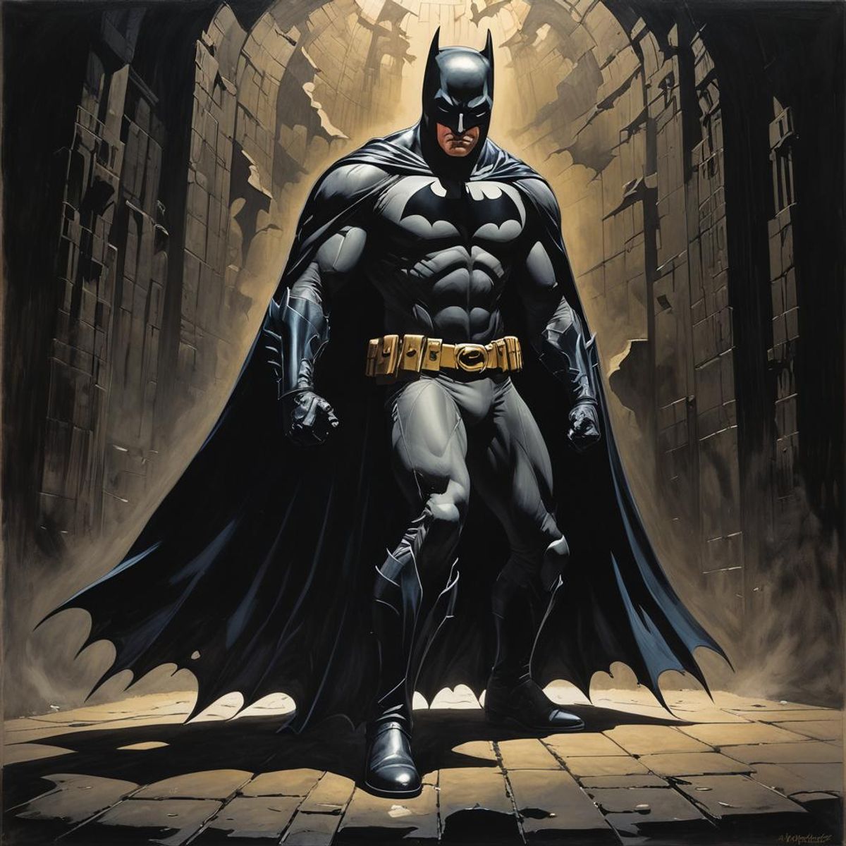 Full body male figure, Batman kneeling solemnly in a dark ally, in deep ...