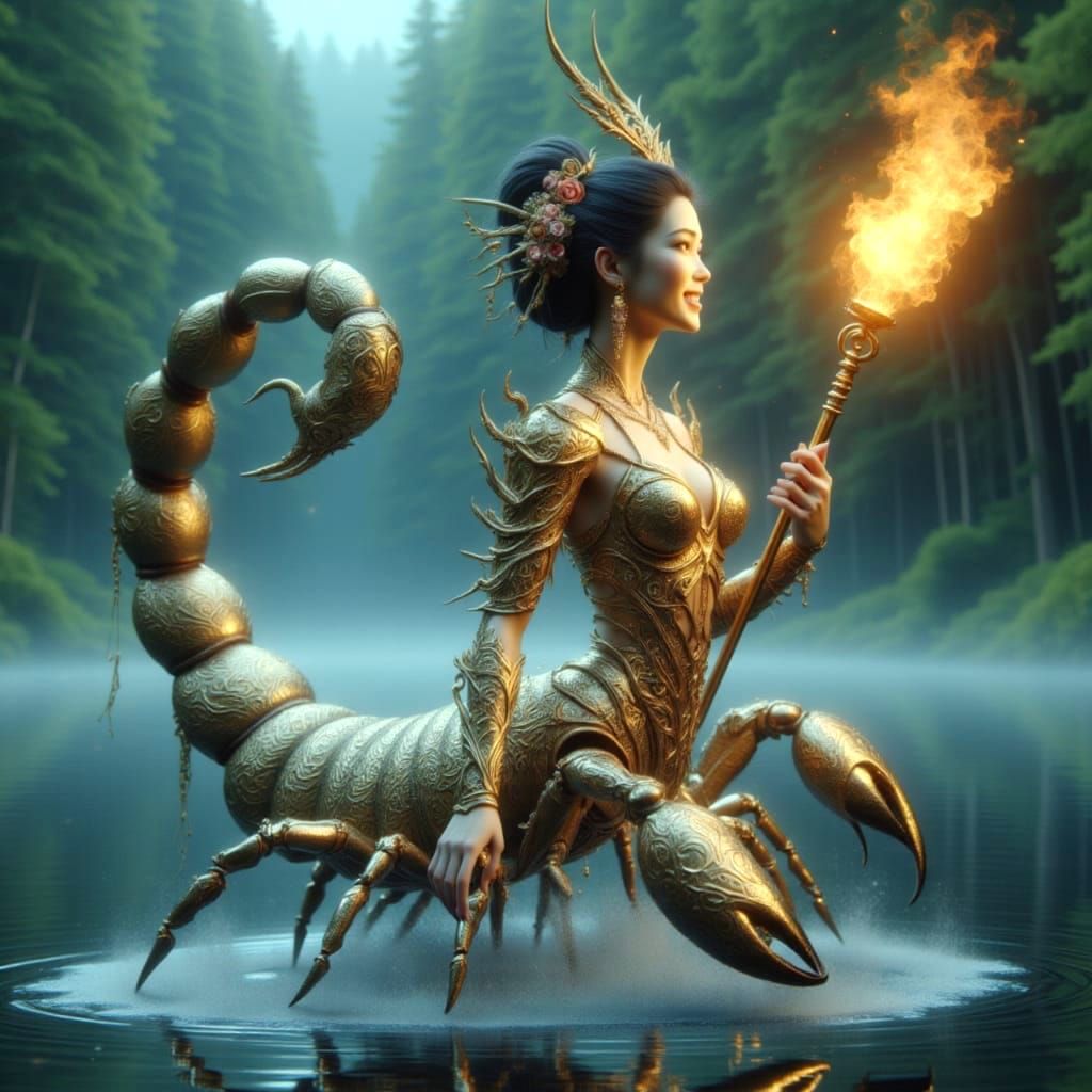 <lora:Hybrids:1.0> shimmering golden carapace side view full-body expressive emotional Asian masterpiece  Scorpio-centaur hybrid half-woman...