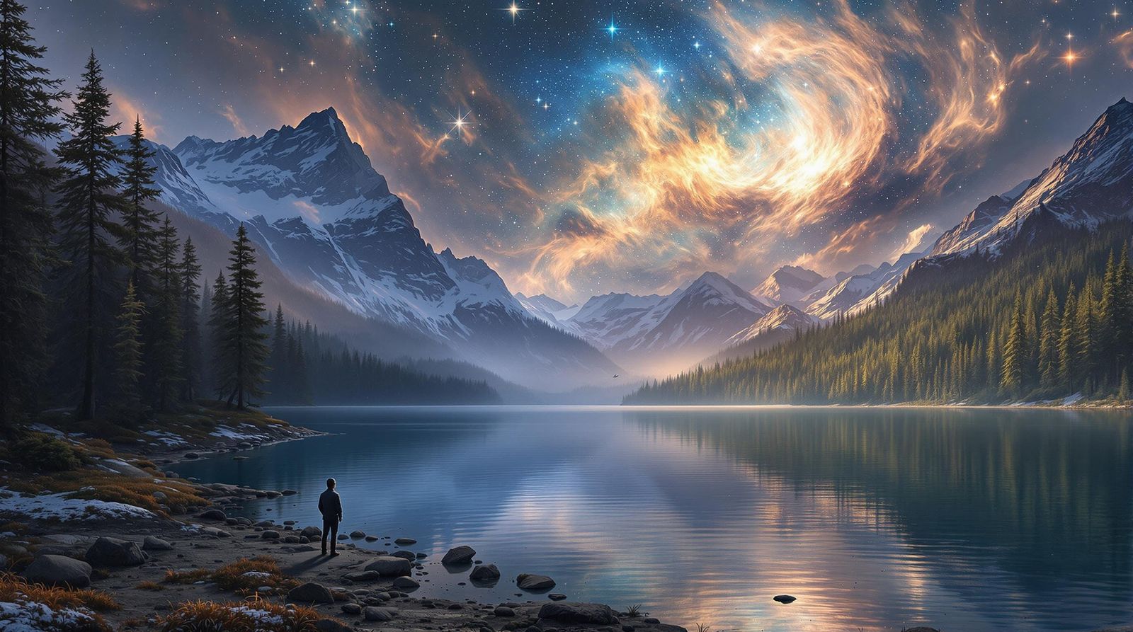 Serene lake reflects a sky filled with a swirling nebula  by @A handsome lad