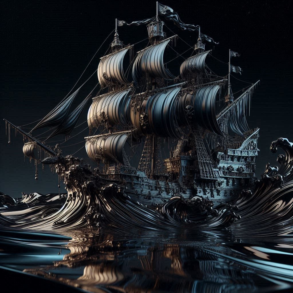 Black pirate ship made by pure black liquid