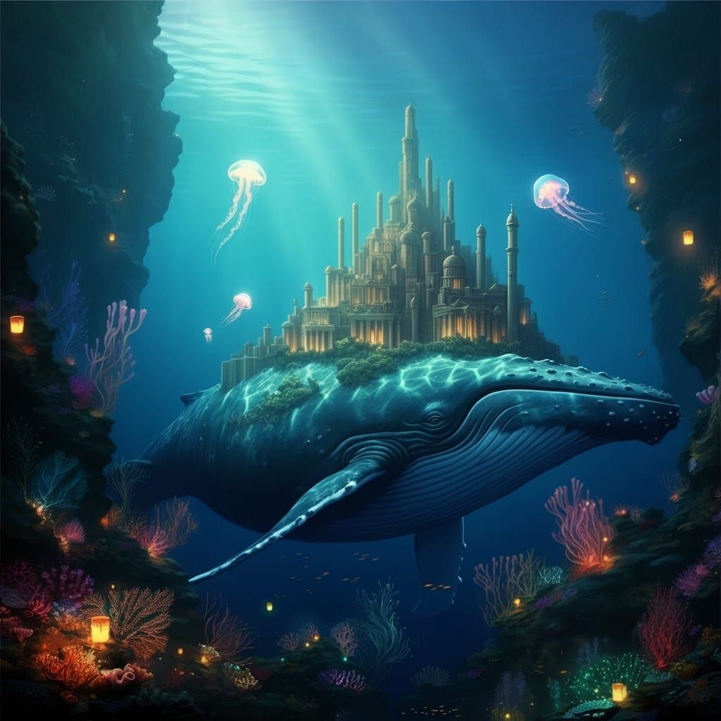 Cinematic fantasy landscape poster art by Wyland. Landscape. Atlantis city sprawls across the back of ...  by @Wildflowers77 