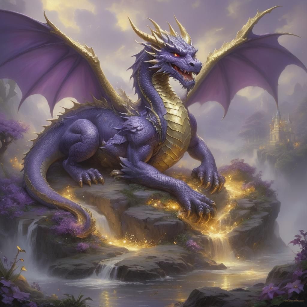 the purple elegant dragon, who loves gold, is lying impressi...
