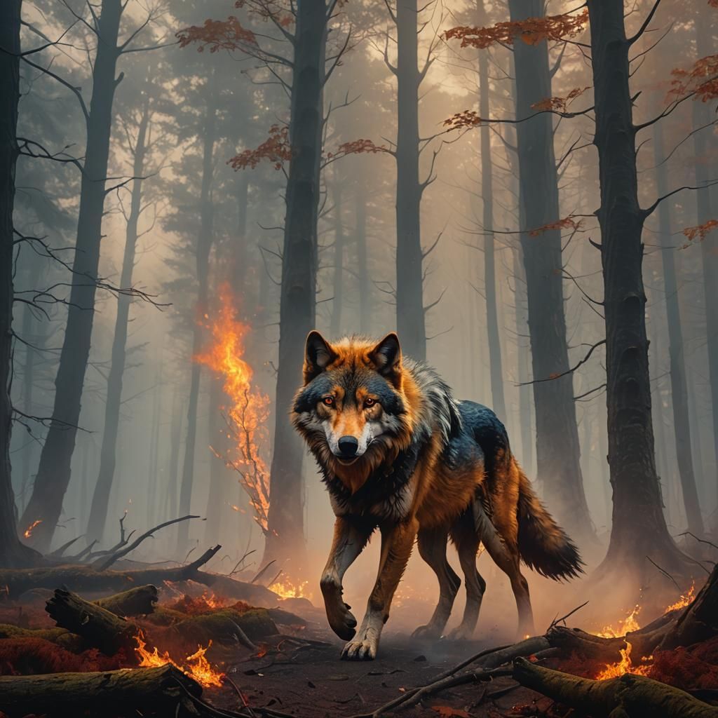 A fire wolf walking through a foggy forest