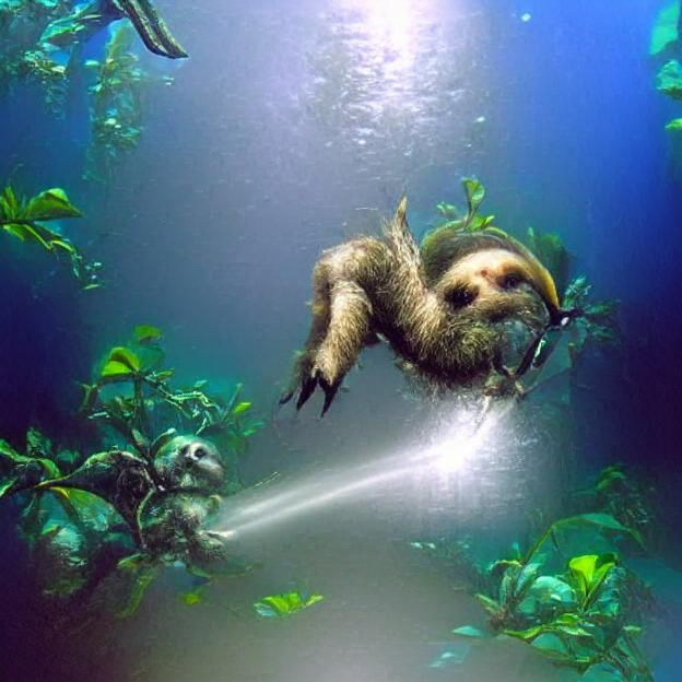 A scuba diving sloth underwater