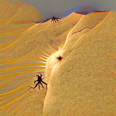 A man with spider legs, crawling over mountains into the sun