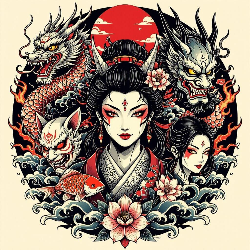 A set of small, bold tattoo-style images — East Asian mystic beings theme, traditional flash art style ...  by @Kazu