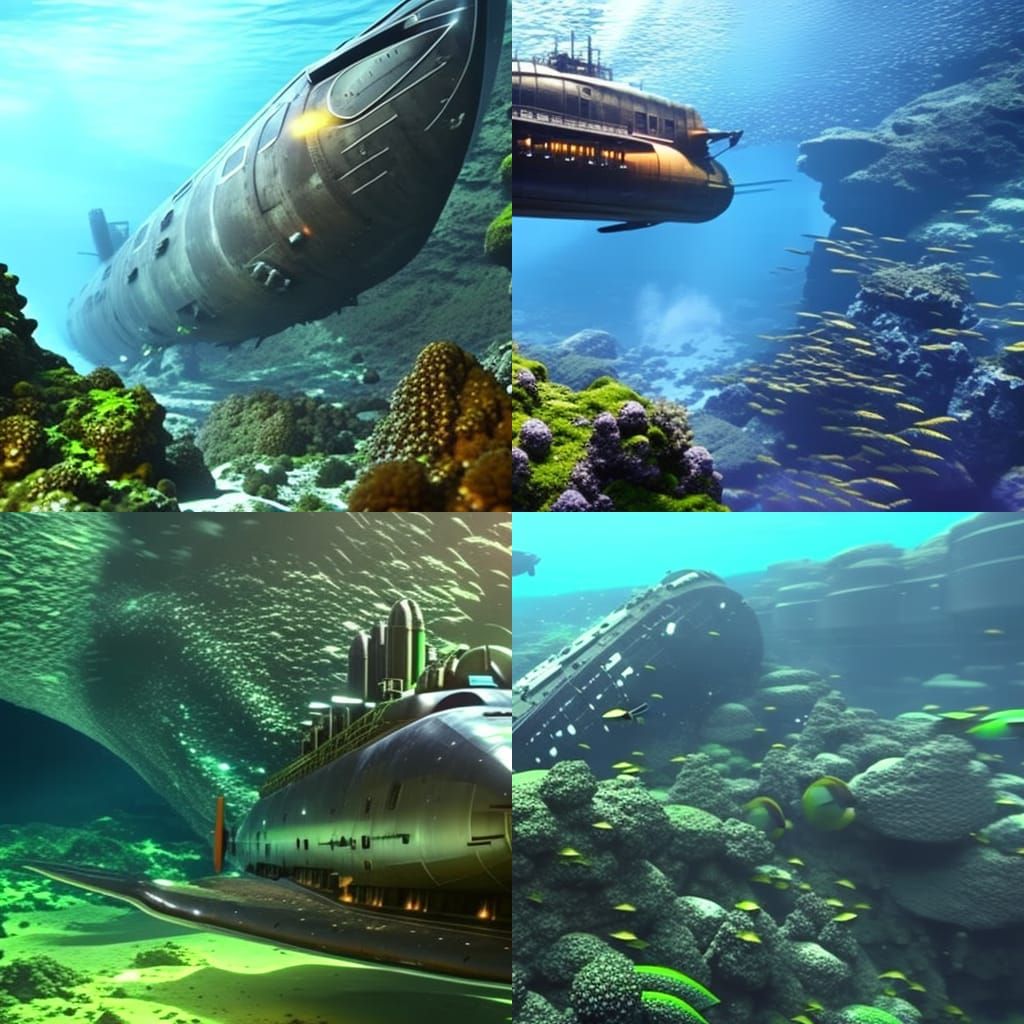 a massive submarine in focus, underwater world a masterpiece, 8k resolution, dynamic lighting