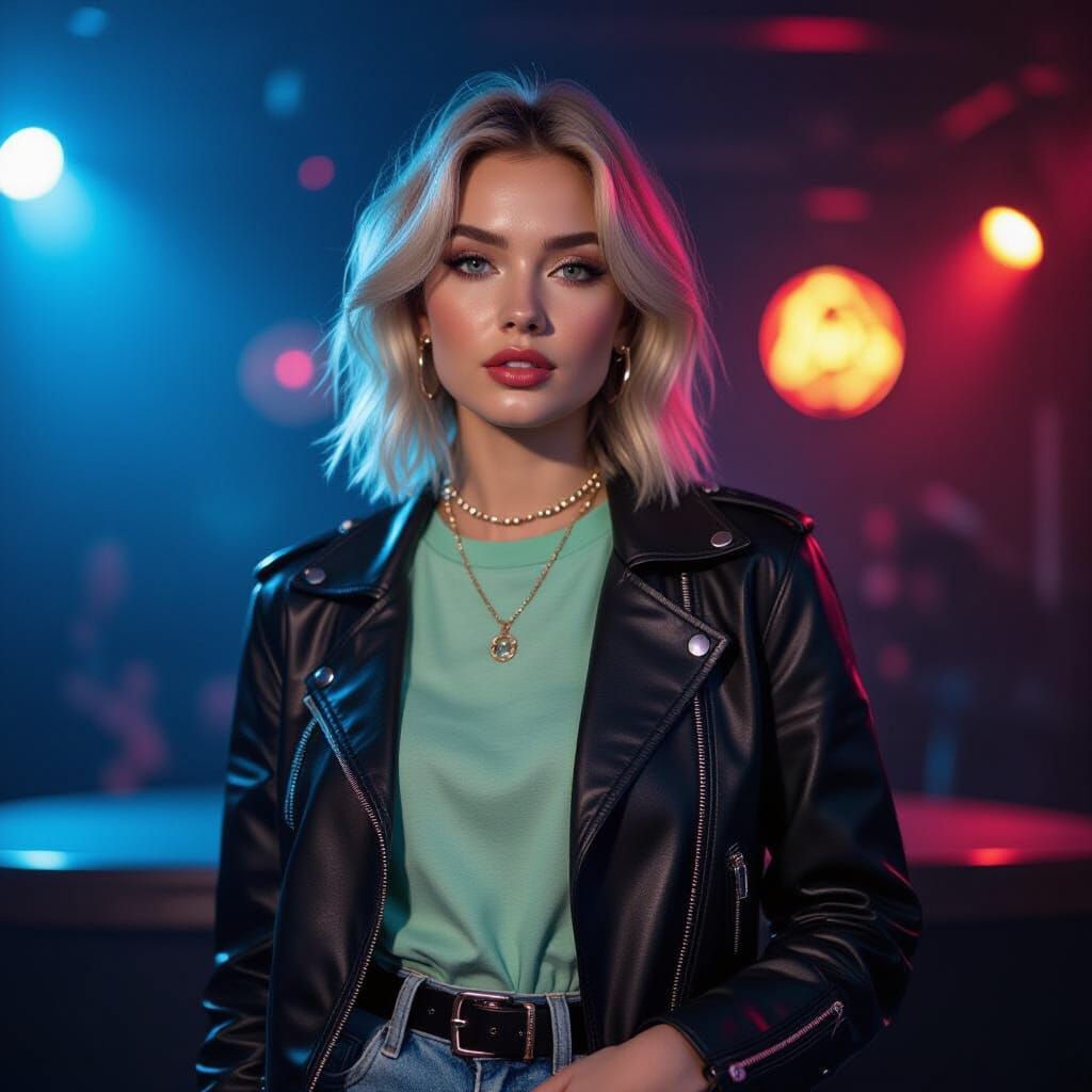 Beautiful young short-haired dull gray-eyed shaded blonde woman, in her 20s, with ruddy face, a little make up, jewelry, with fair skin, loo...