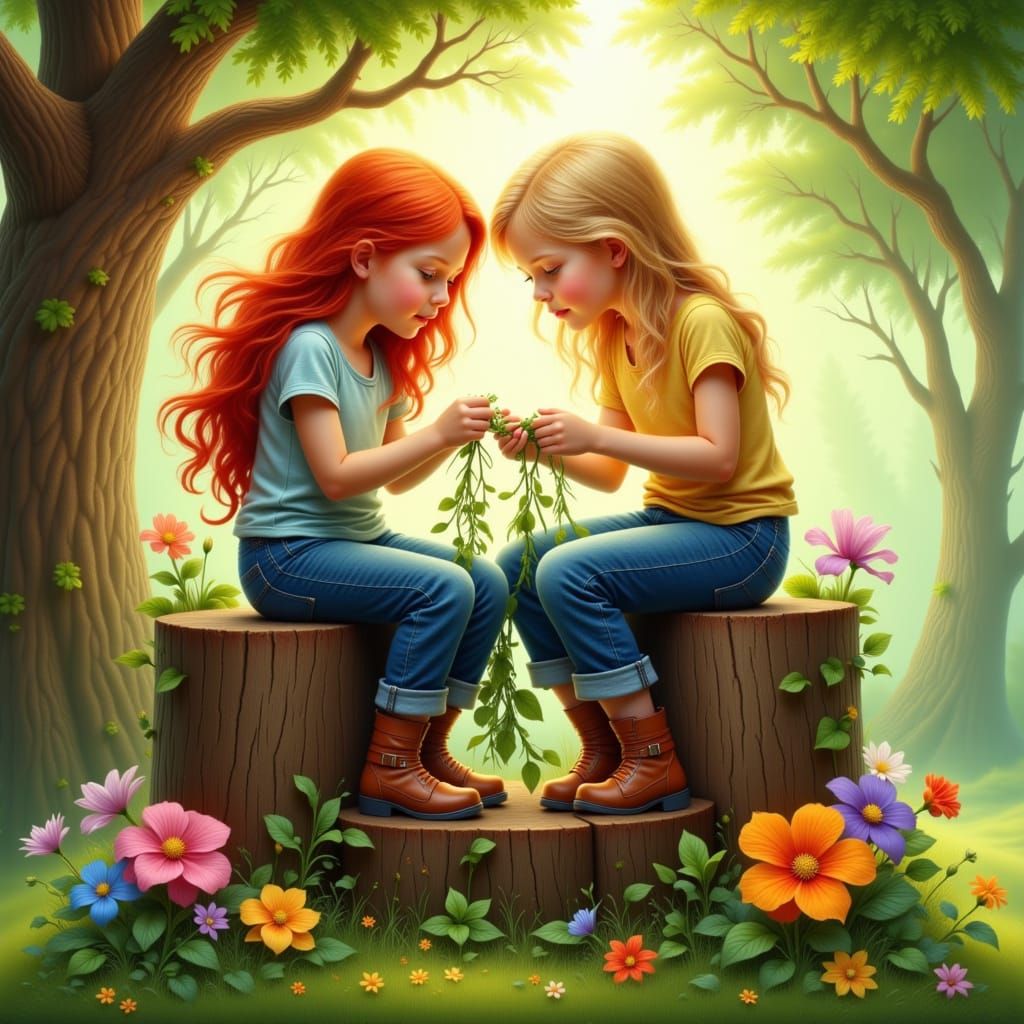 Two children sitting on a tree stump braiding flowers