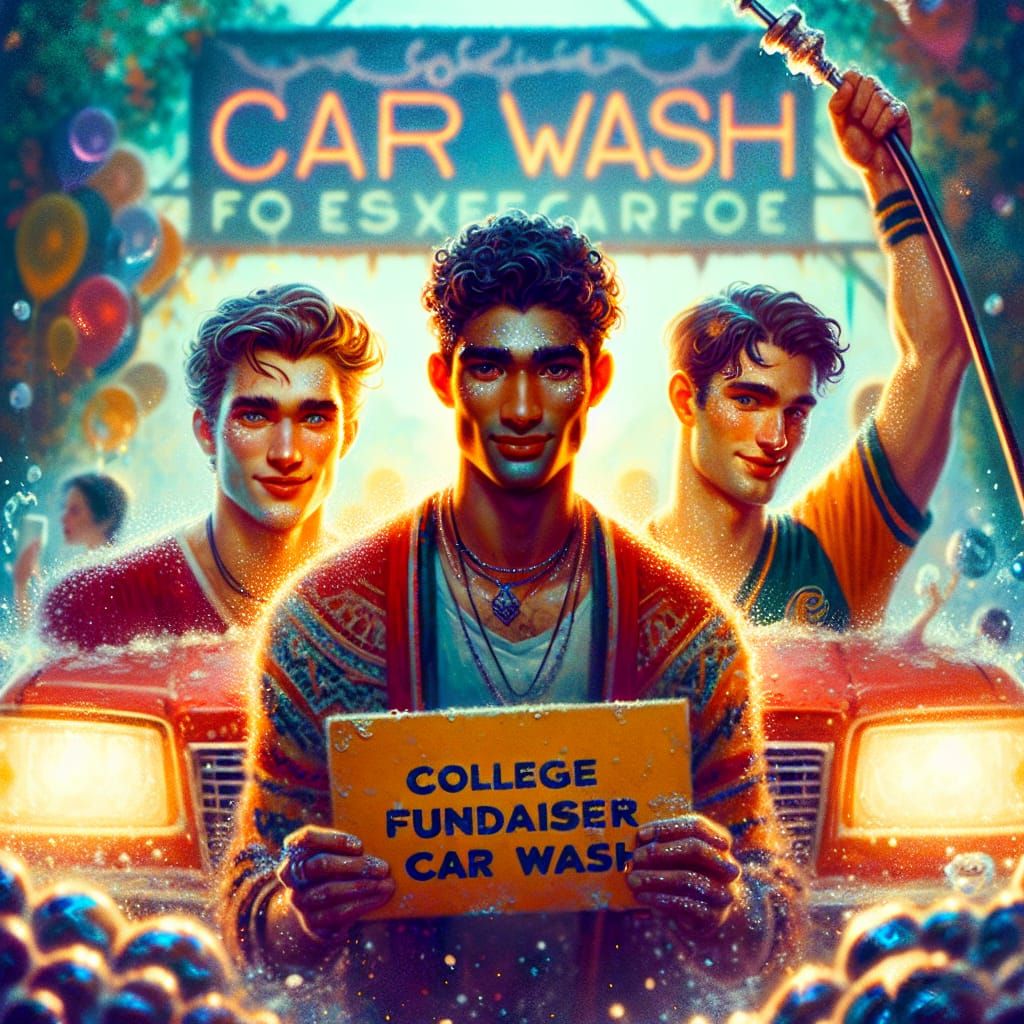 3 handsome fit college boys at a car wash fundraiser, one holding a flirty  sign - AI Generated Artwork - NightCafe Creator