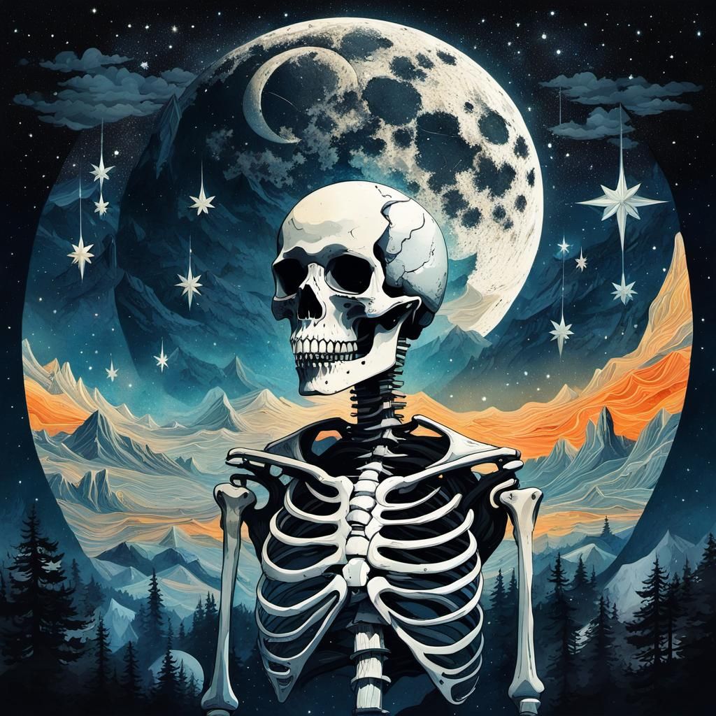 Starry Skeleton: Macabre Surrealism in Silhouette Art