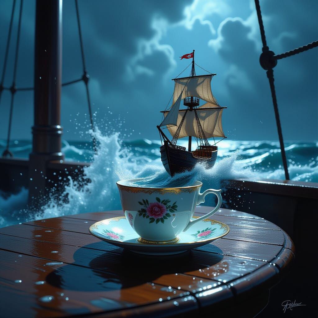 Epic Fantasy Teacup Tempest on Ship Deck
