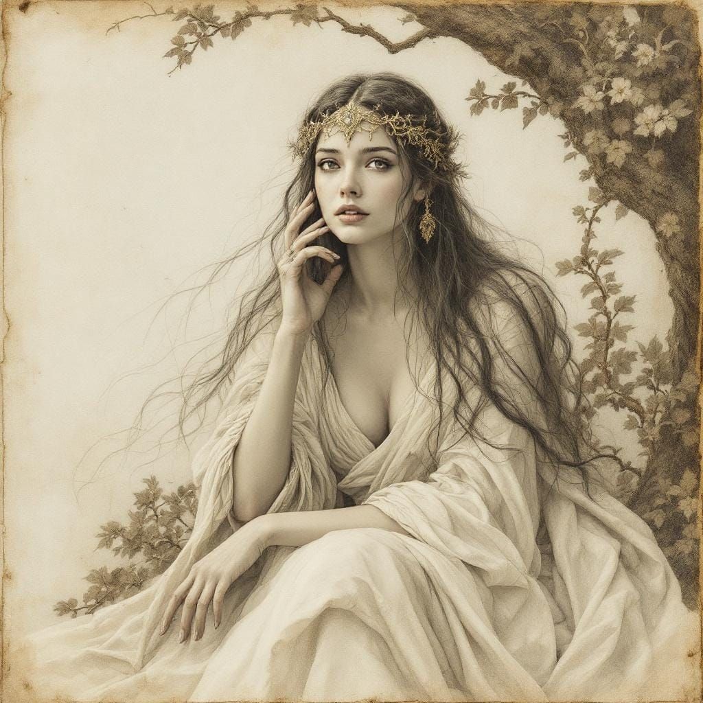 Luthien in white under the tree  by @Red