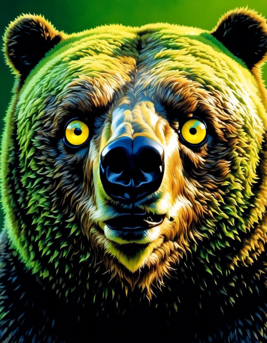 "Close-up Microphotograph: Towering obese Bear (Lamp Eyes-Chartreuse)- Large Chartreuse glowing eyes:- <lora:BearZFX0LampEyes:1.0> <lora:Bea...