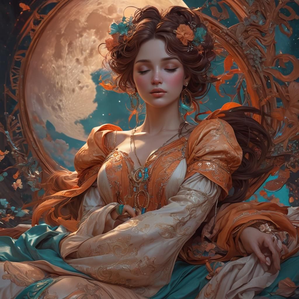 sleeping moon goddess, Vibrant colors, dreamy lighting, Highly detailed, Digital painting, Trending on Artstation, art by magali villeneuve...